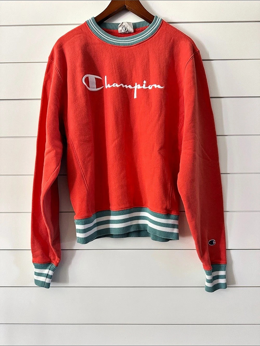 Champion Reverse Weave Script Logo Striped Rib Crewneck Sweatshirt Medium
